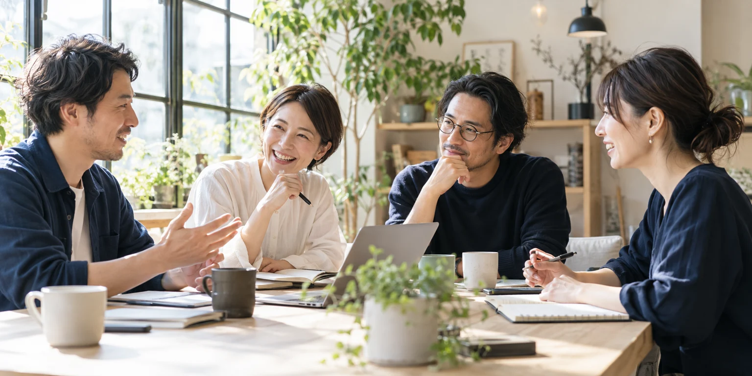 店舗オーナー同士がテーブルを囲み学ぶ様子を表現したビジュアル